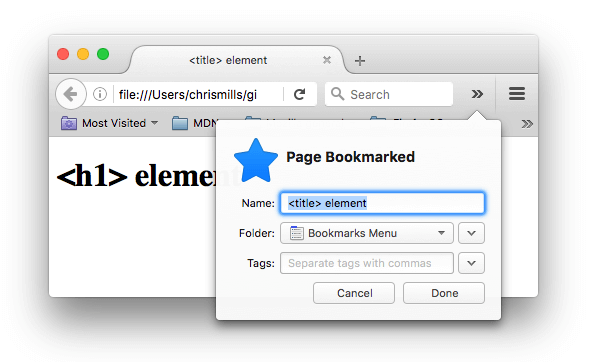 Eine Webseite wird in Firefox gelesezeichnet. Der Lesezeichenname wurde automatisch mit dem Inhalt des 'title'-Elements ausgefüllt.