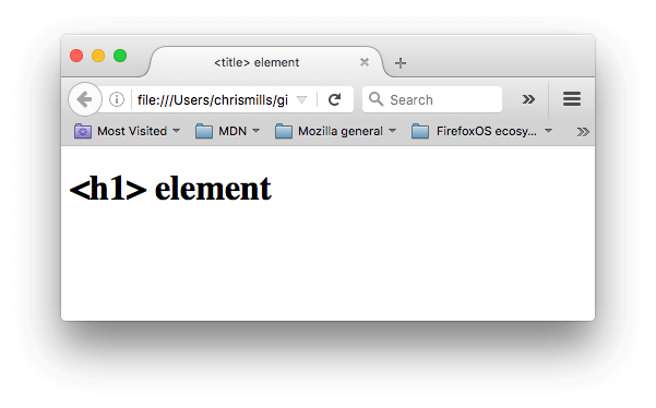 Eine Webseite mit 'title'-Text im Tab des Browsers und 'h1'-Text als Seitenüberschrift im Dokumentenkörper.