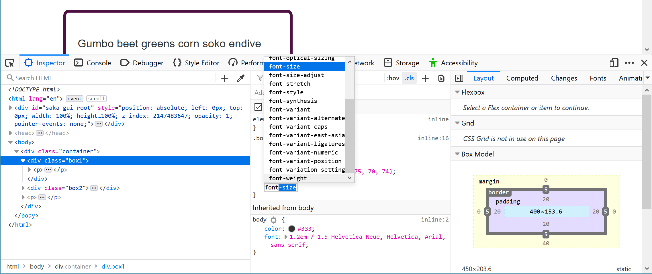 Das DevTools Panel, das eine neue Eigenschaft zu den Regeln hinzufügt, mit der Autovervollständigung für font- geöffnet