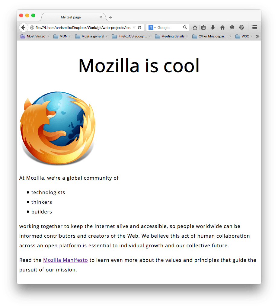 Un logo Mozilla et quelques paragraphes. Une police sans-serif a été définie, les tailles de police, l'interligne et l'espacement des lettres sont ajustés, et le titre principal de la page est centré.
