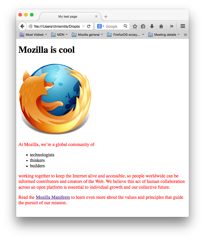 Un logo Mozilla et quelques paragraphes. Le texte du paragraphe a été mis en rouge par notre CSS.