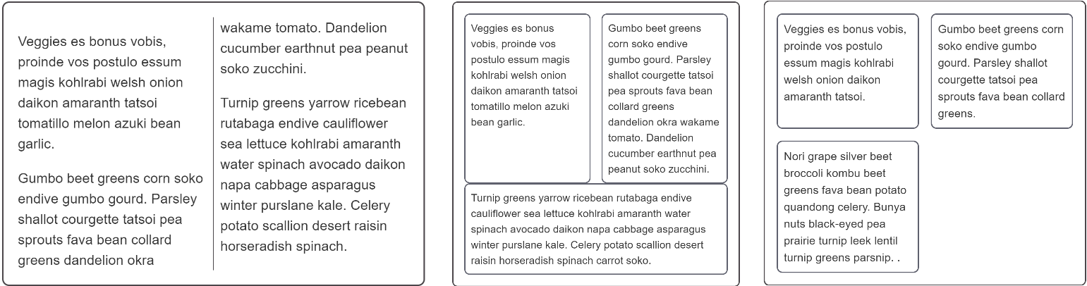 Trois styles de mise en page comportant deux colonnes dans le conteneur.